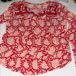 Lucky Brand Red and Light Pink Floral Long Sleeve Tee